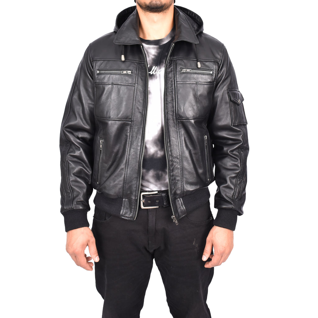 Men’s Leather Detachable Hooded Bomber Jacket Black Jurgen-1