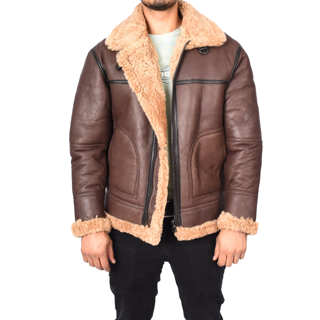 Mens Retro B3 Real Shearling Sheepskin Aviator Flying Jacket Ender Brown-6