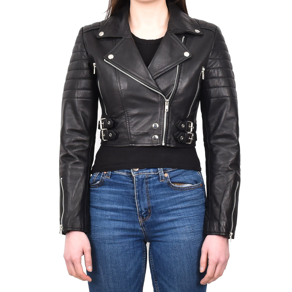 DR197 Women's Short Leather Stylish Biker Jacket Black 1