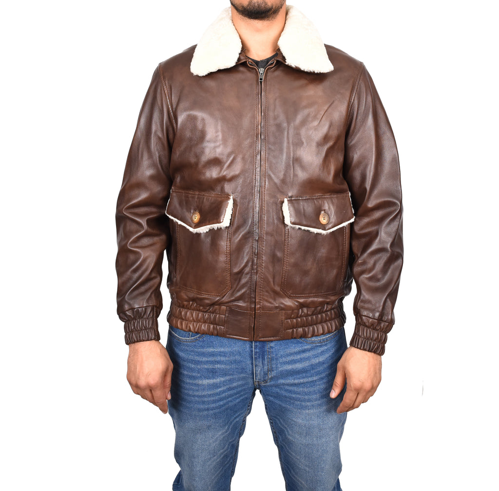 DR183 Men's Leather Bomber Jacket Aviator Style Brown 1