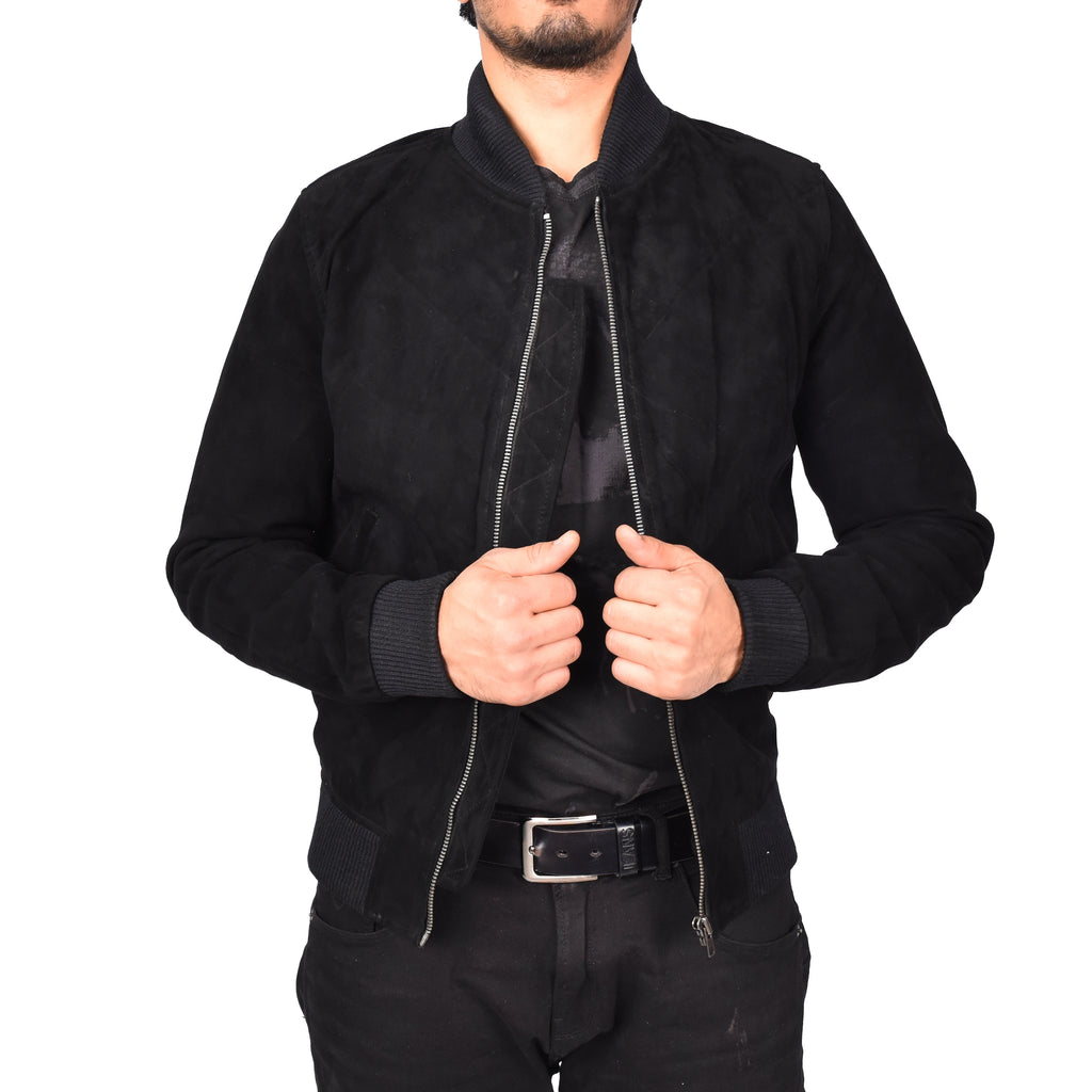 Men's Genuine Suede Leather Bomber Varsity Style Jacket Black Raul-2