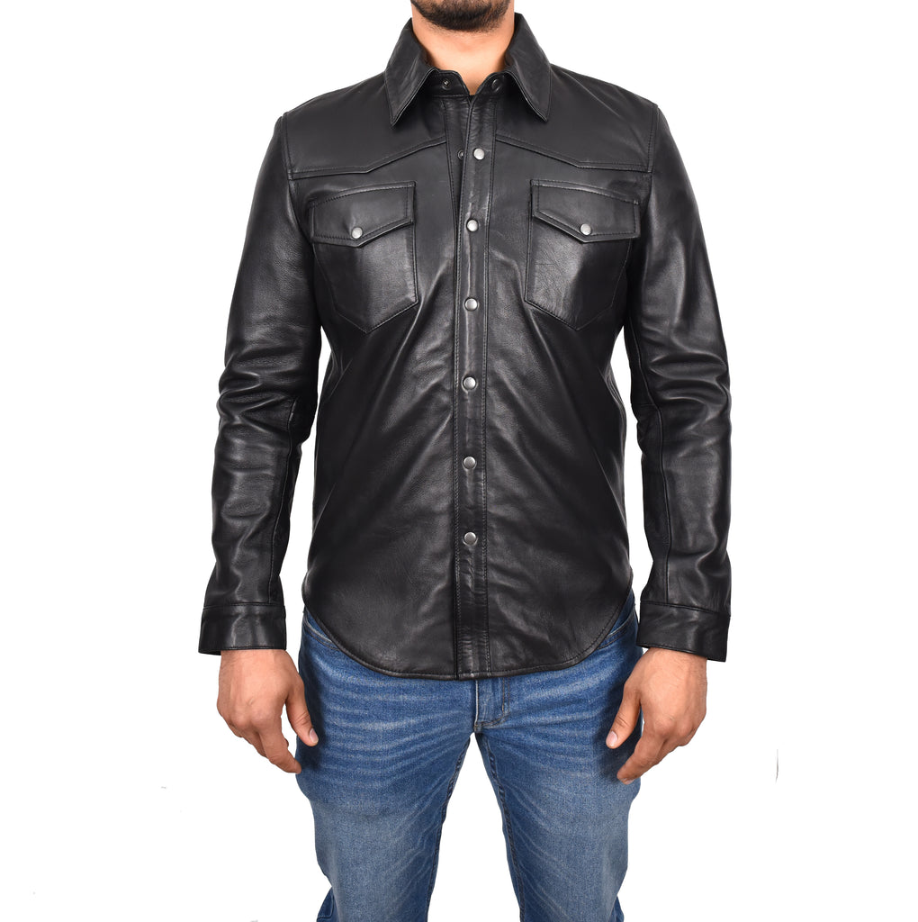 DR548 Men's Classic Leather Trucker Style Shirt Black 1
