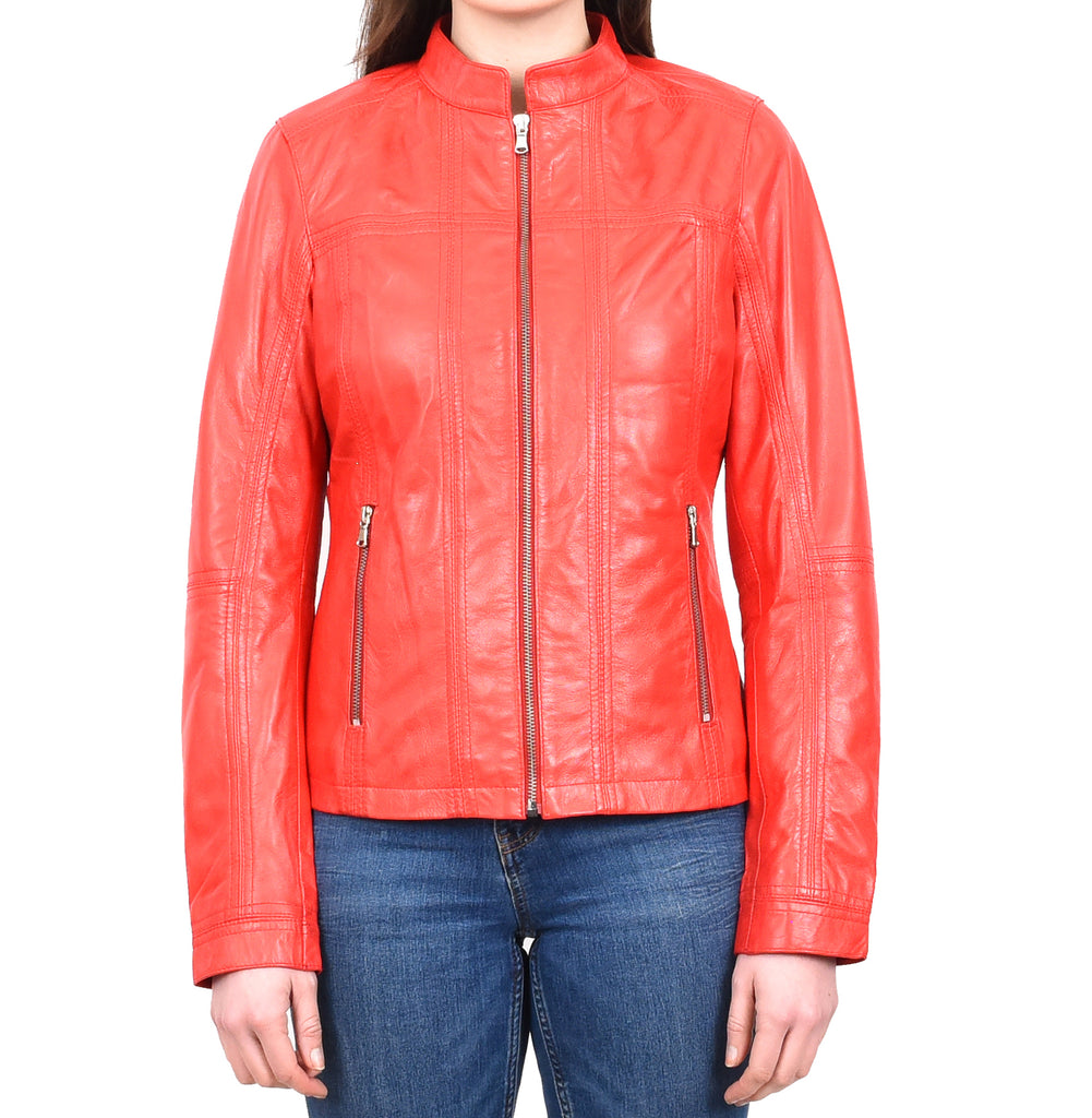 DR257 Women's Leather Classic Biker Style Jacket Red 1