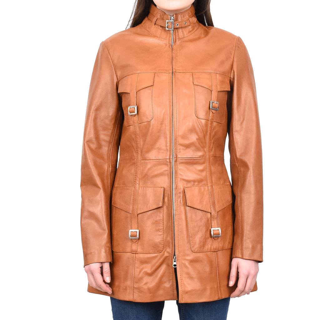 DR566 Women's Leather Jacket With Dual Zip Fastening Tan 1