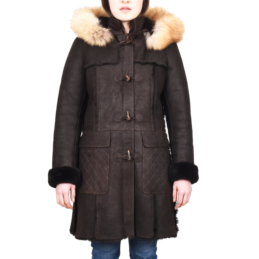 Women's Real Shearling Sheepskin Italian Classic Coat Brown Birna 3