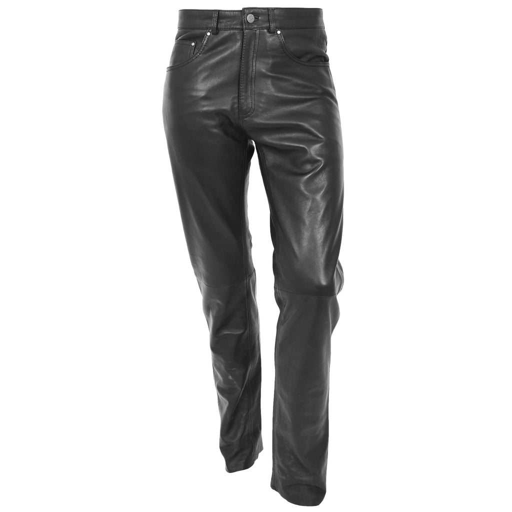 DR577 Men's Regular Fit Classic Straight Leg Leather Trousers Black 1