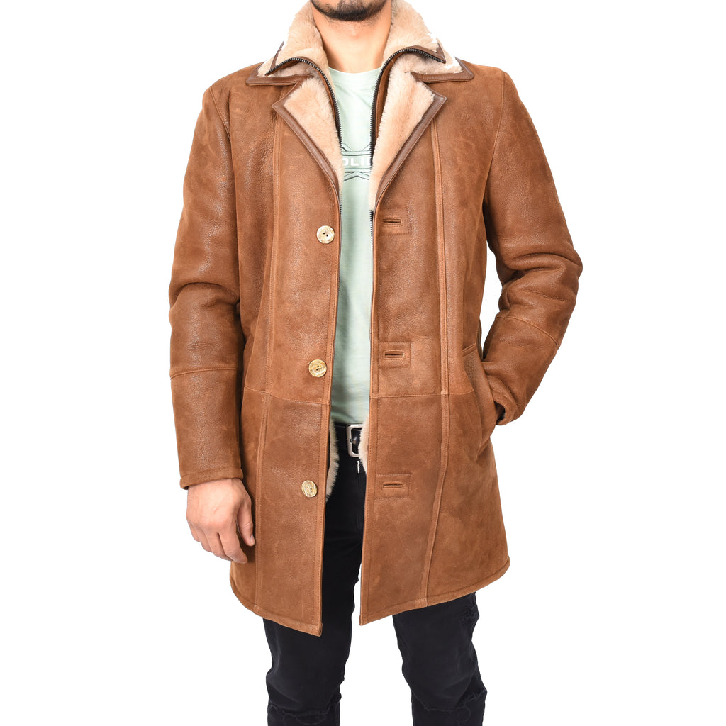 Mens Retro ¾ Length Long Real Shearling Sheepskin Coat Winter Warm Bastian Tan-3