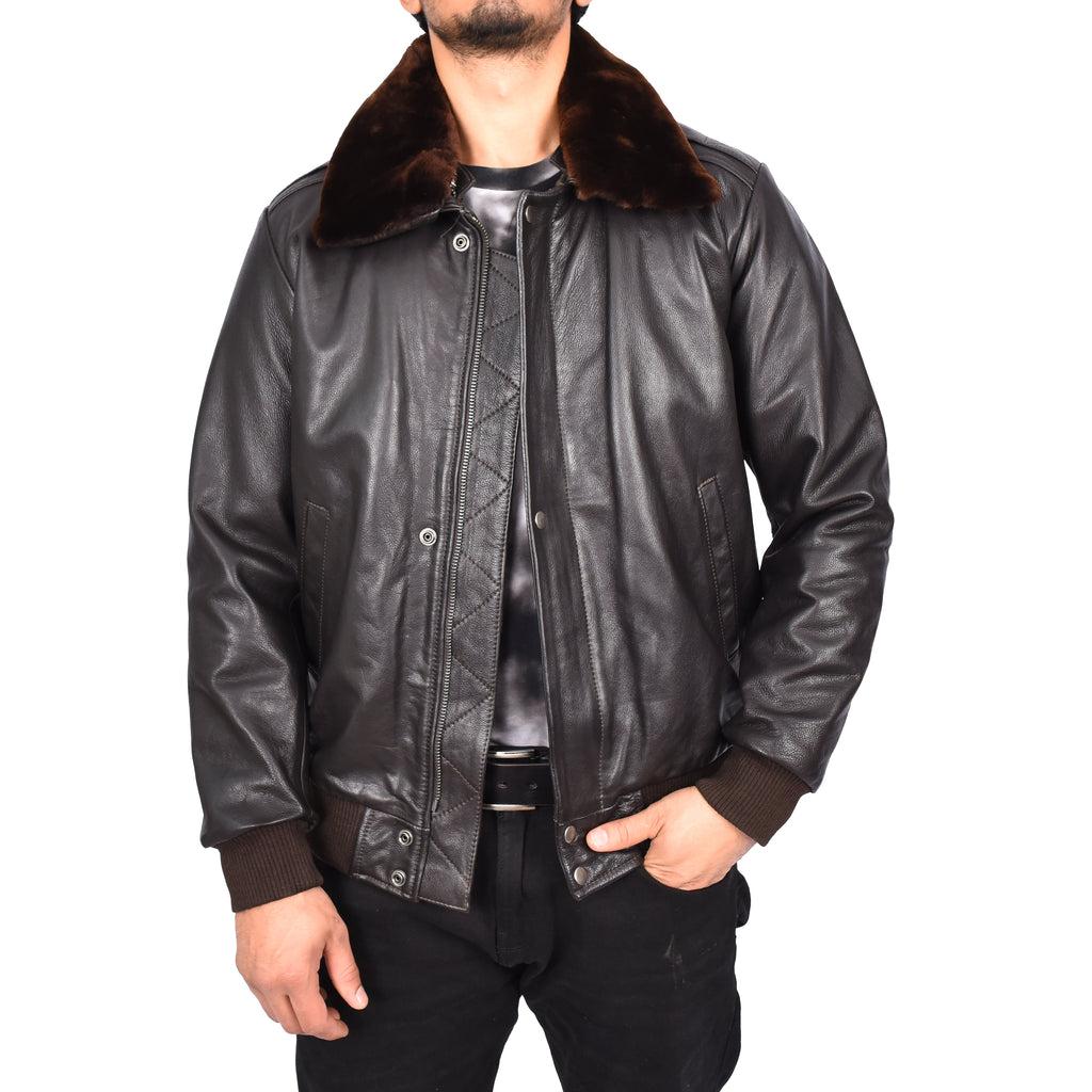 Men's Real Leather Bomber Pilot Jacket Removable Collar Brown Edzard-1