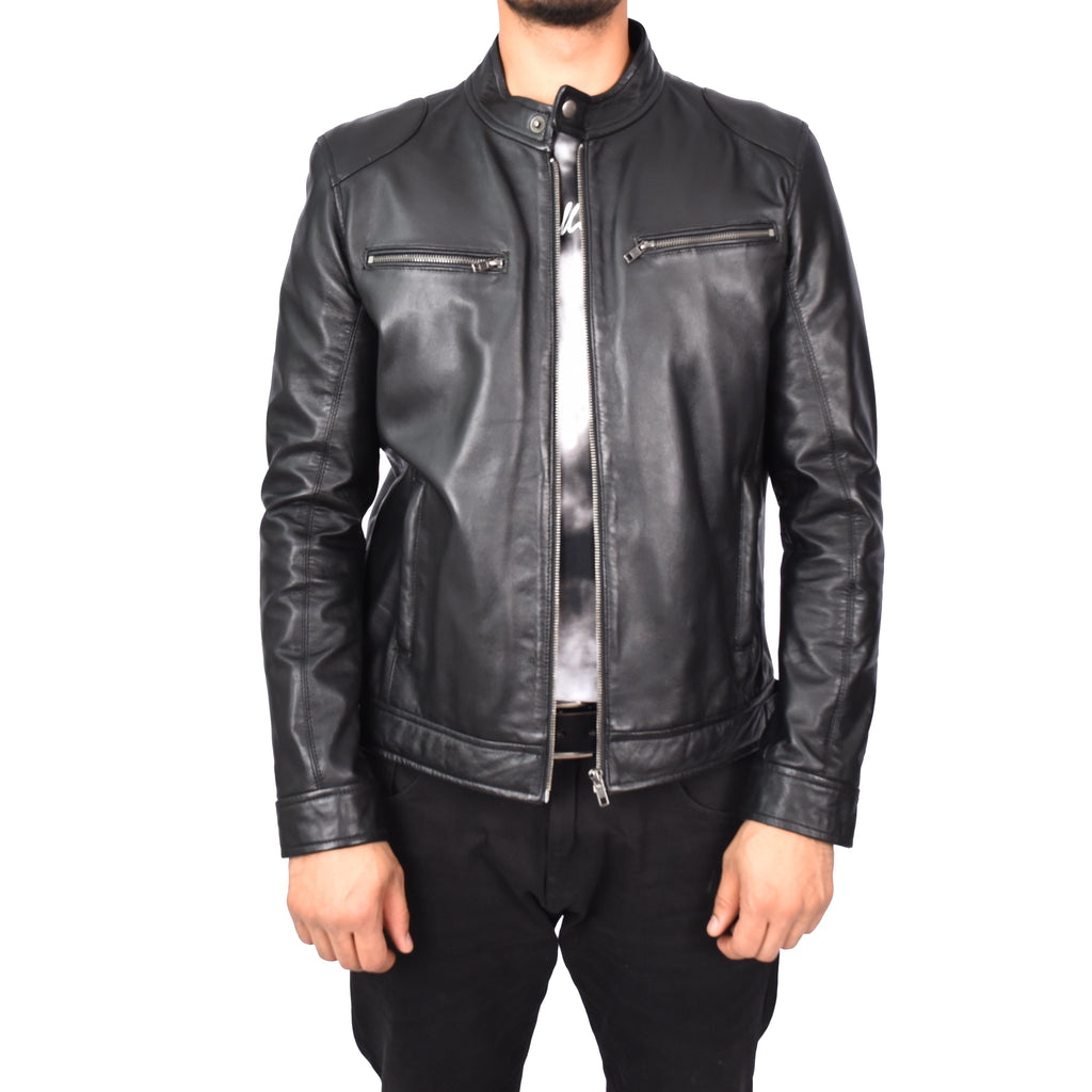 Men's Vintage Style Biker Real Leather Jacket Black Dagen-1