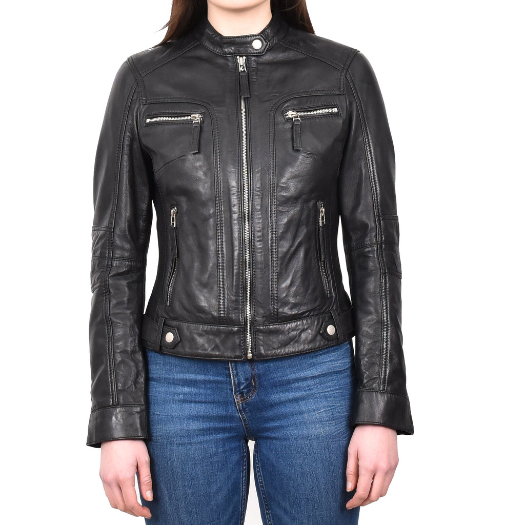 DR245 Women's Real Leather Biker Jacket Black 1