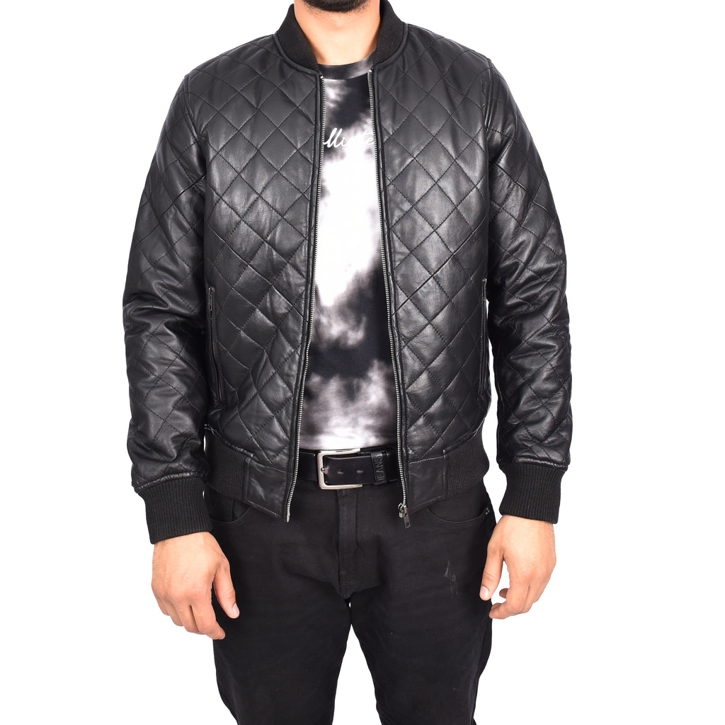 Men's Real Leather Quilted Bomber Jacket Black Raulin-1
