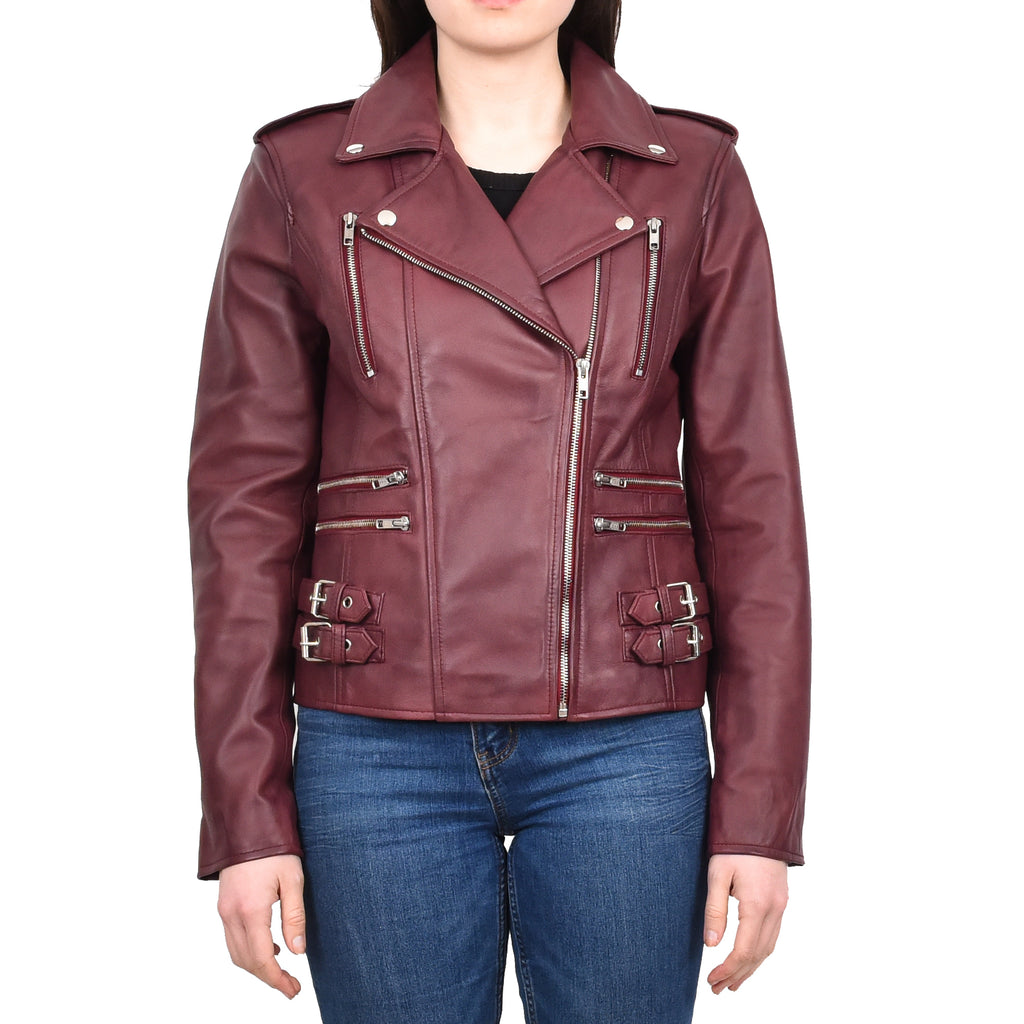 DR195 Women’s Trendy Biker Leather Jacket Burgundy 1