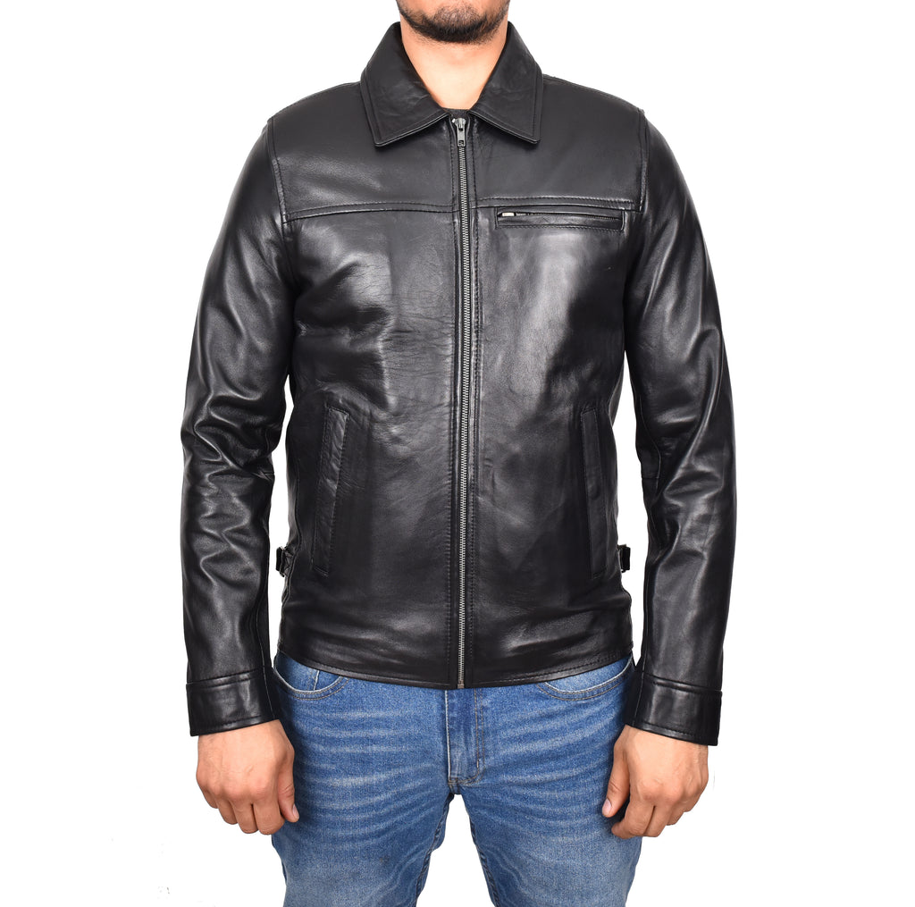 DR162 Men's Classic Zip Box Leather Jacket Black 1