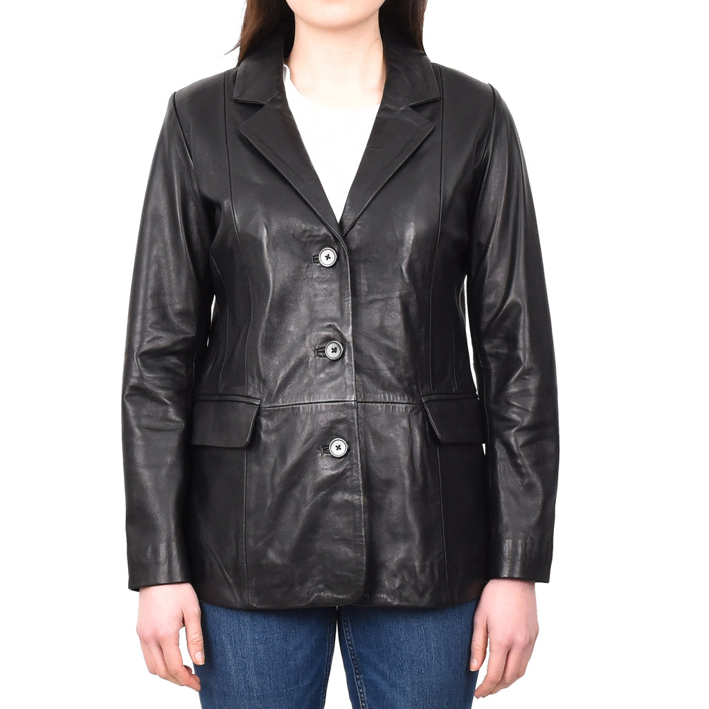 DR215 Women's Classic Three Button Leather Blazer  Black 1