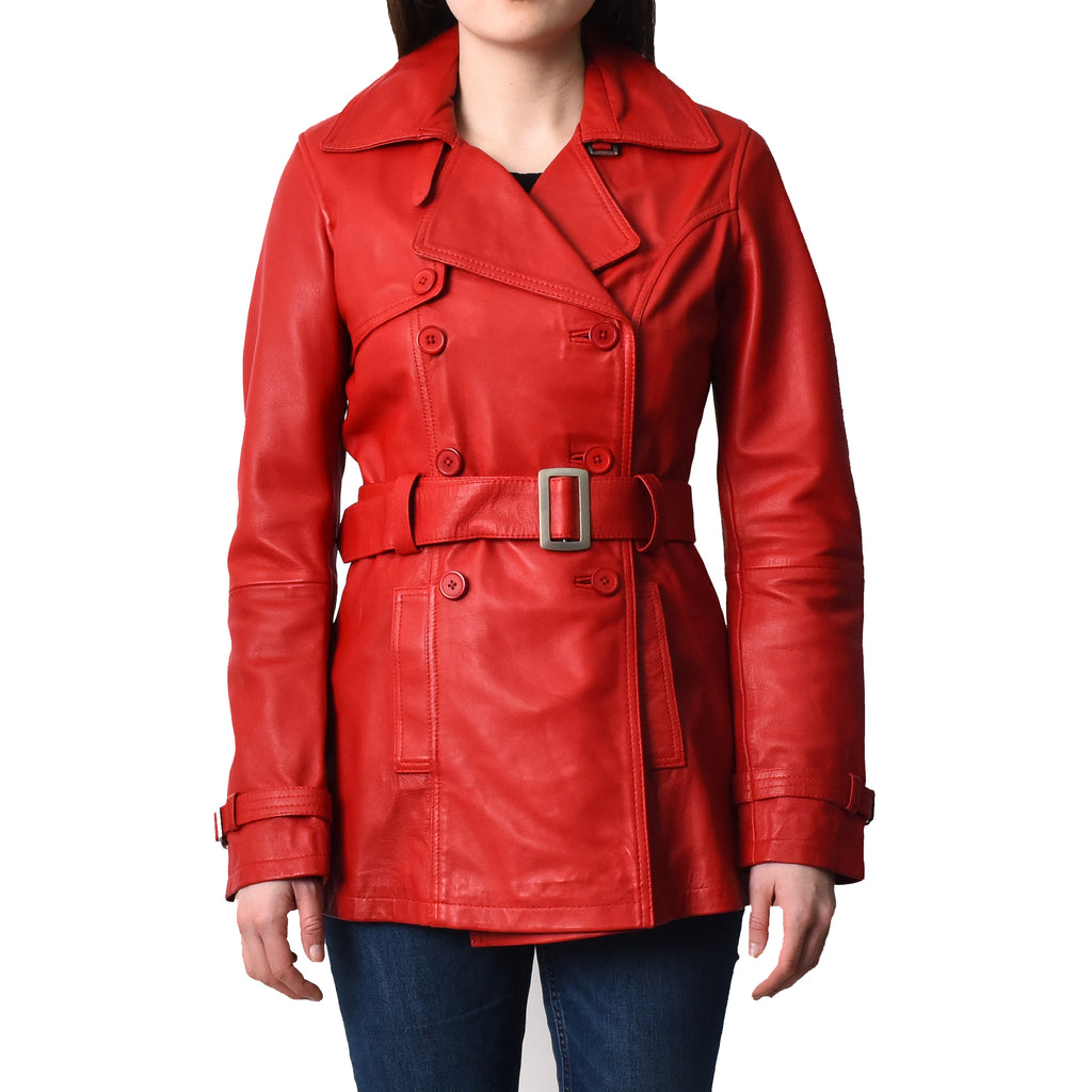 DR201 Women's Leather Buttoned Coat With Belt Smart Style Red 1