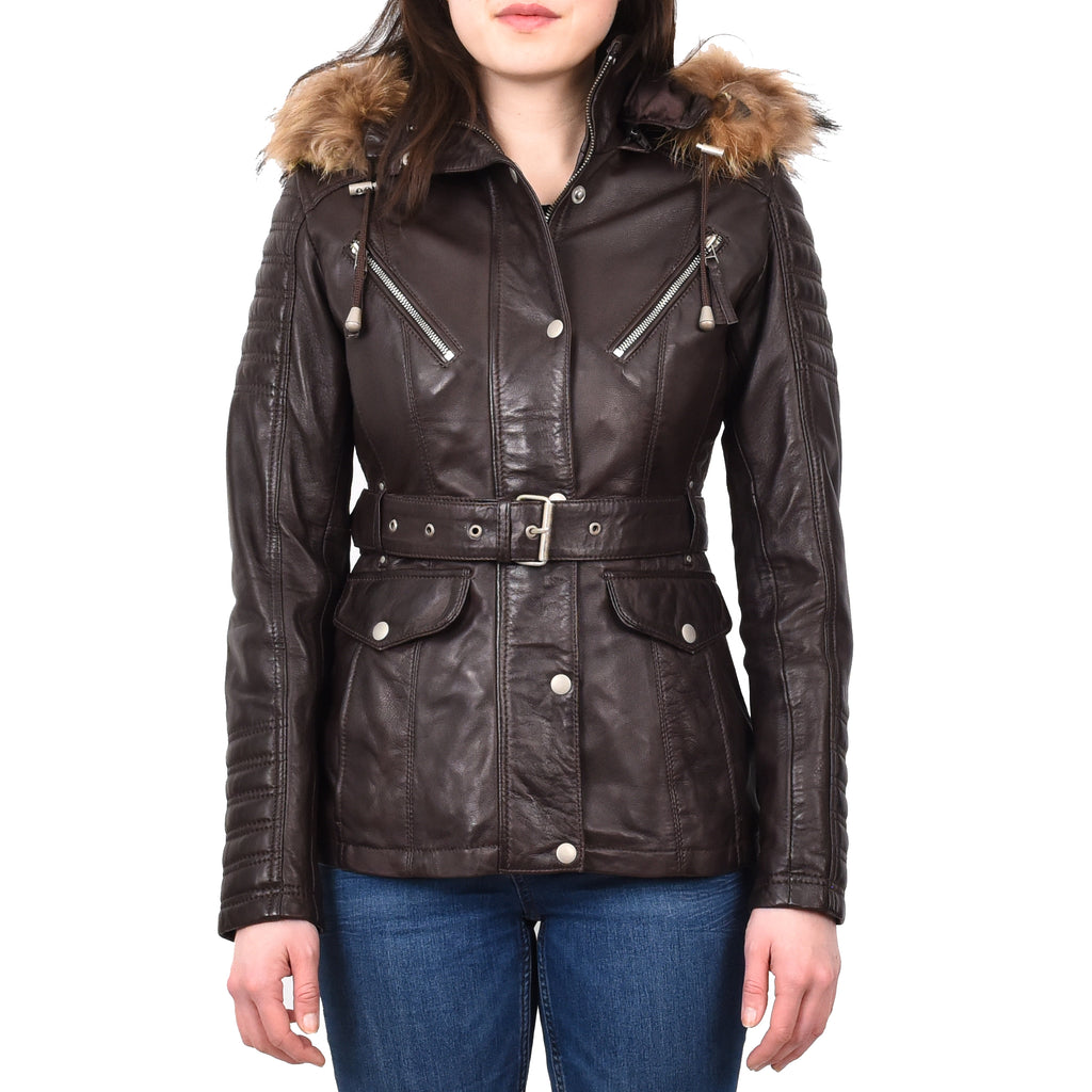 DR264 Women's Leather Parka Coat Detachable Hoodie Waist Belt Brown 1