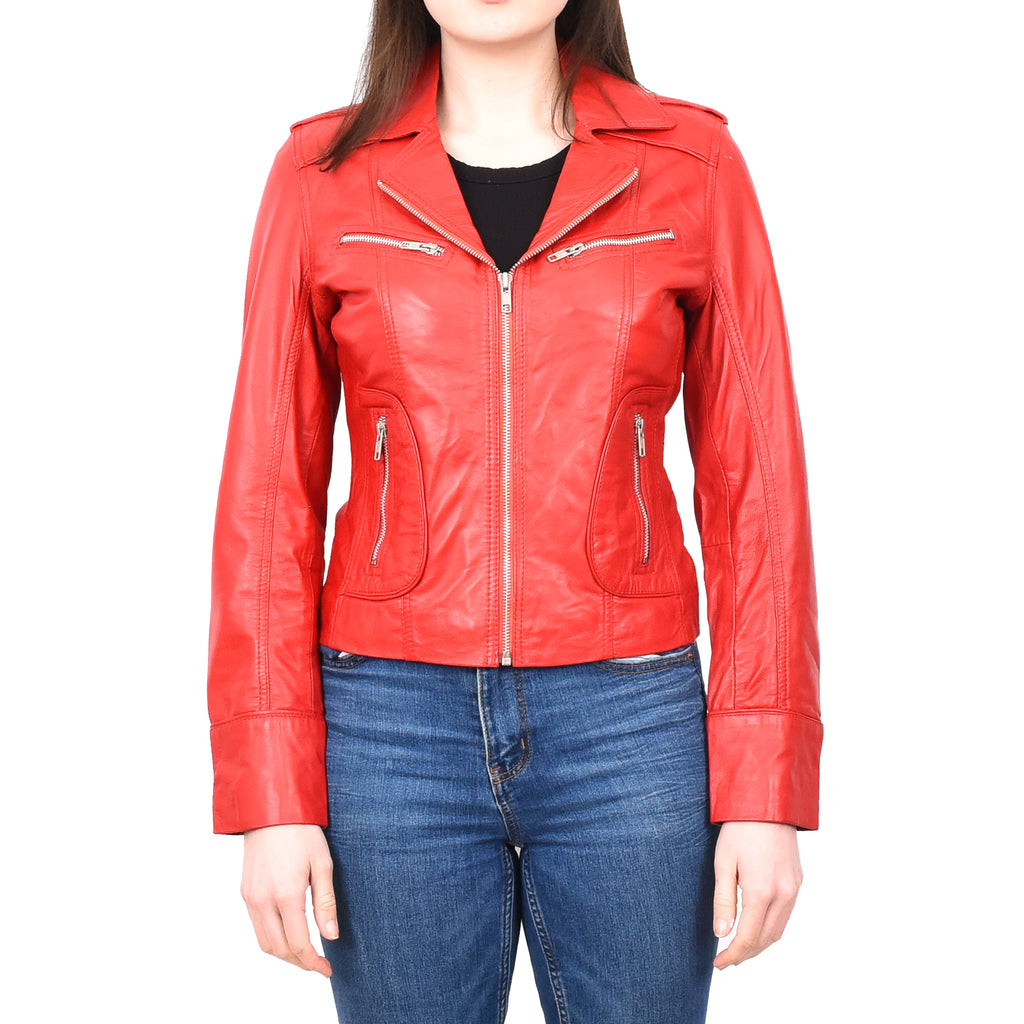 DR194 Women's Casual Leather Biker Jacket Short Red 1