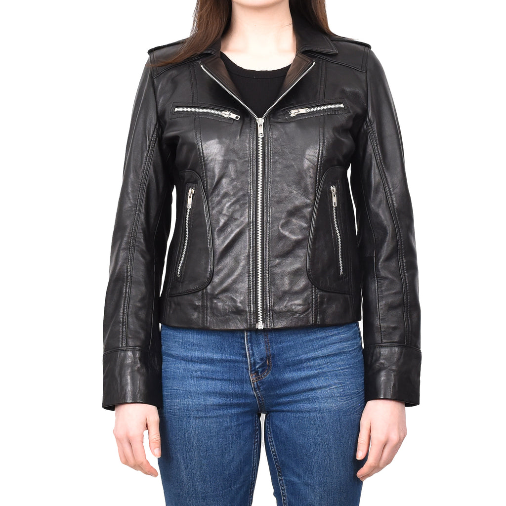 DR194 Women's Casual Leather Biker Jacket Short Black 1