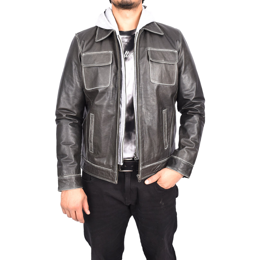 Men's Detachable Hood Biker Real Leather Jacket Kelby Grey-1