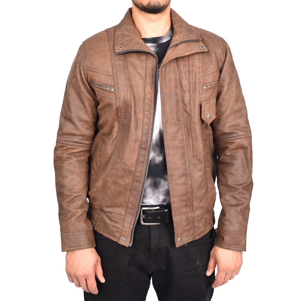 Men's Real Nubuck Leather Classic Brown Jacket Bomber Blouson Style Errick-1