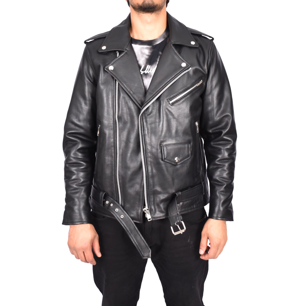 Men's Hard Wearing Real Cowhide Leather Biker Jacket Black Gunther-1