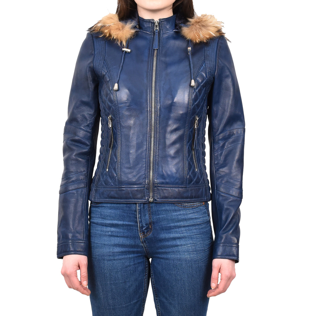 DR261 Women's Detachable Hoodie Biker Leather Jacket Blue 1