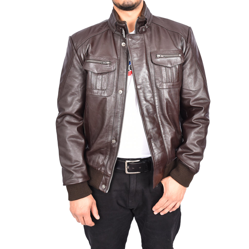 Men's Bomber Style Real Leather Jacket Brown Boden-1