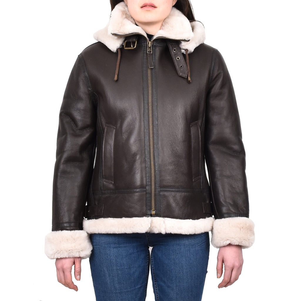 DR248 Women's Real Sheepskin Winter Warm Jacket Brown 1