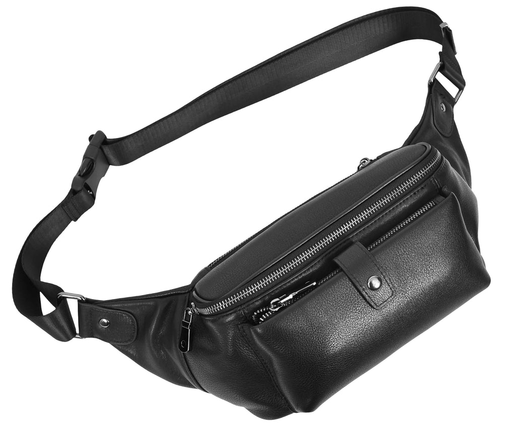 Runsack Real Leather Travel Waist Pack Bum Bag Black-2