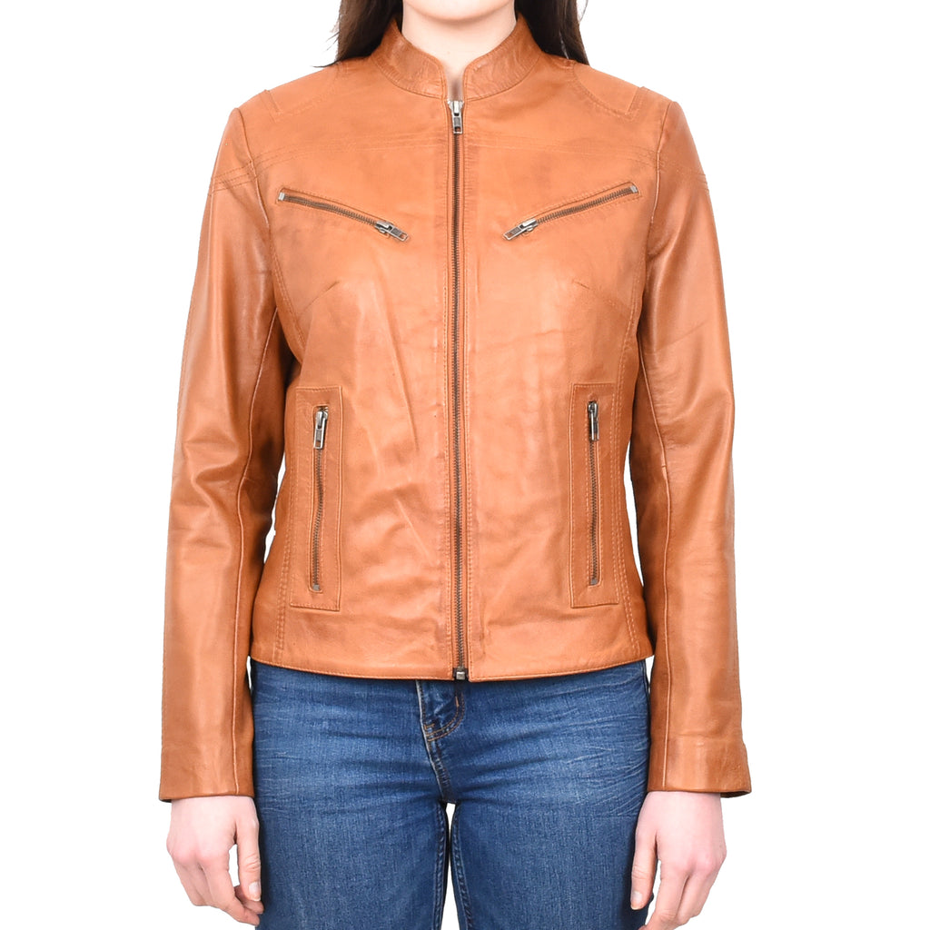 DR200 Ladies Classic Casual Biker Leather Jacket Tan 1