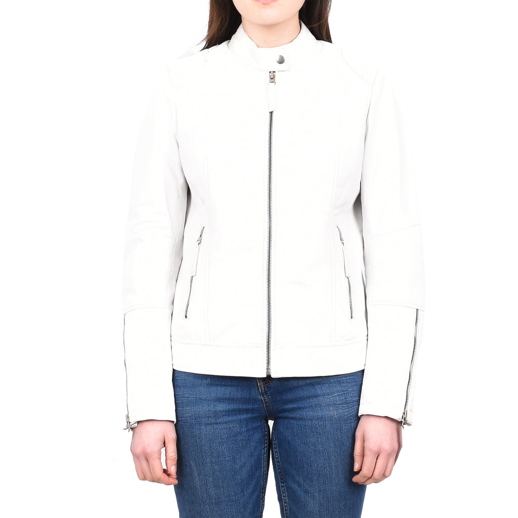 DR571 Women's Casual Zip up Genuine Leather Biker Jacket White 1