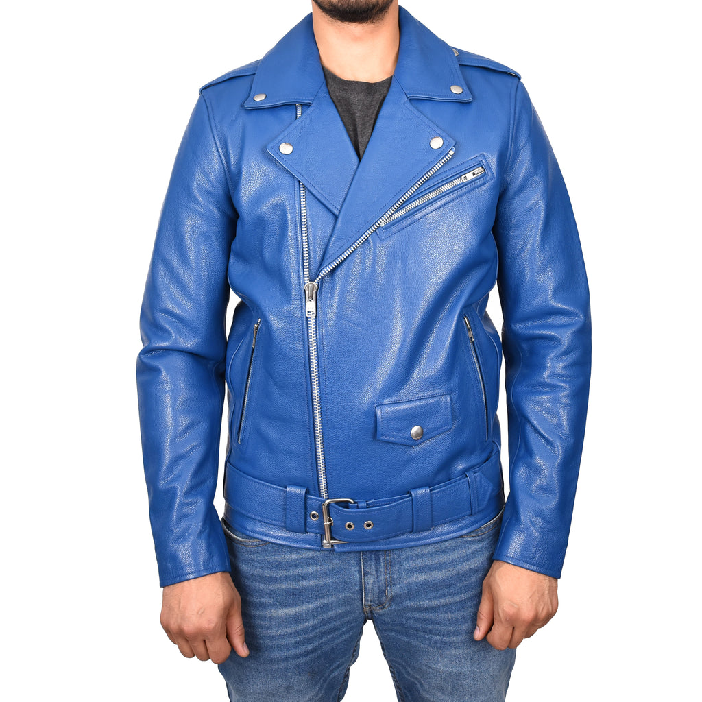 DR159 Men's New Mild Leather Biker Jacket Blue 1