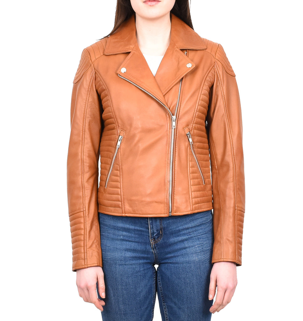 DR206 Women's Soft Leather Cross Zip Biker Jacket Tan 1