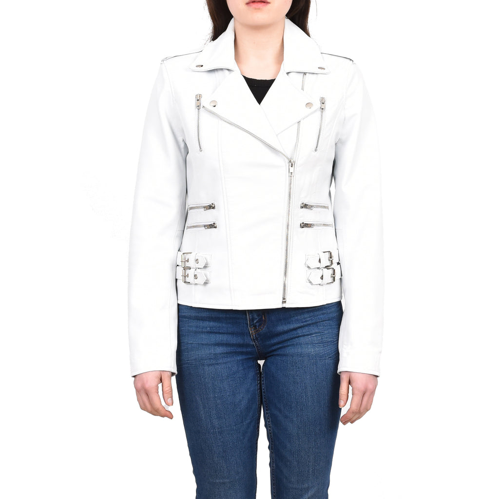 DR195 Women’s Trendy Biker Leather Jacket White Vintage 1