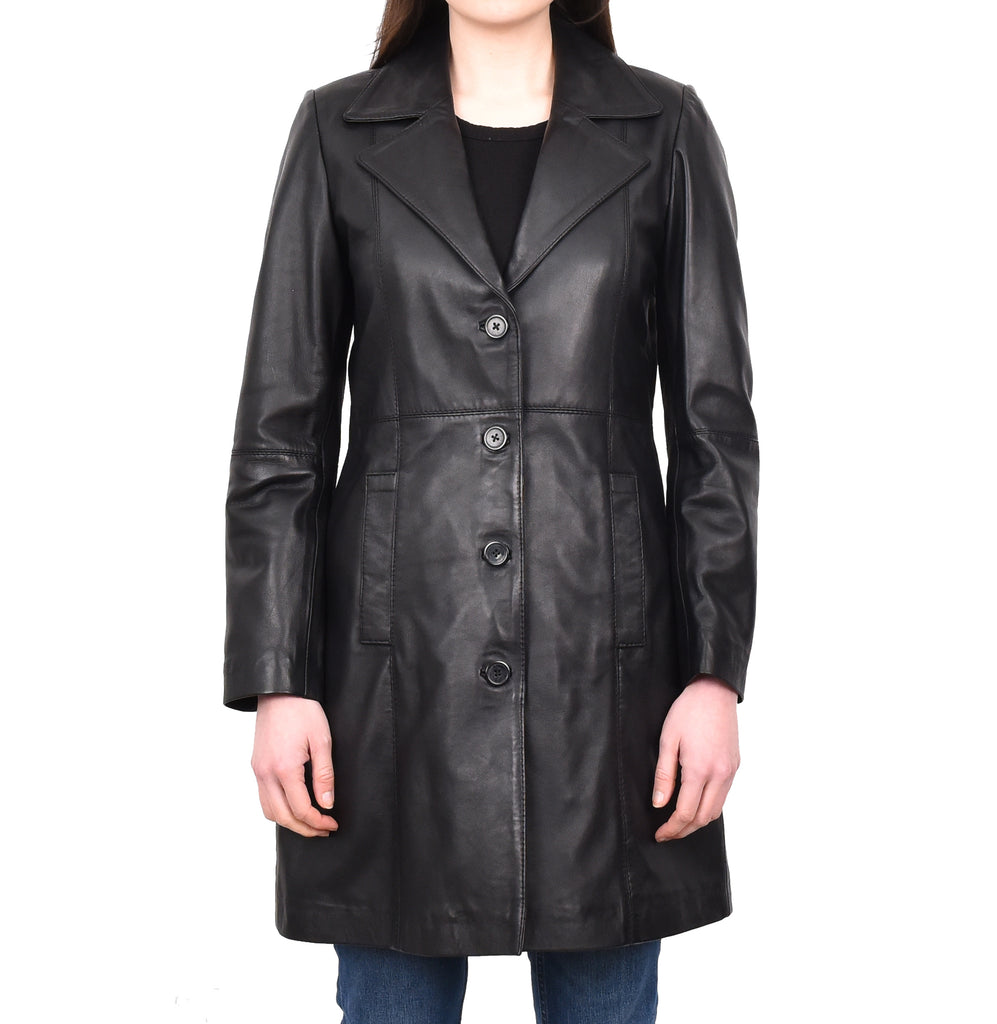 DR196 Women's 3/4 Length Soft Leather Classic Coat Black 1