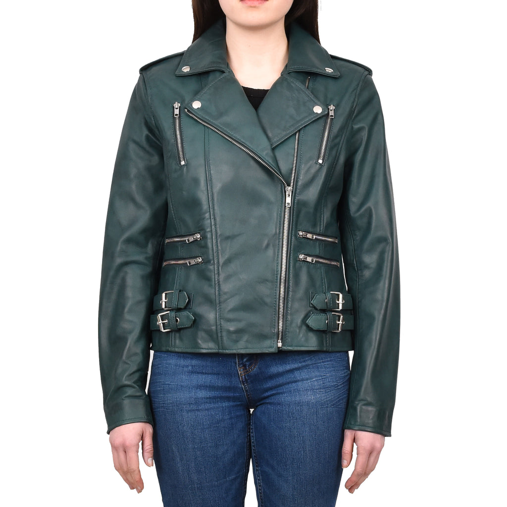 DR195 Women’s Trendy Biker Leather Jacket Teal 1