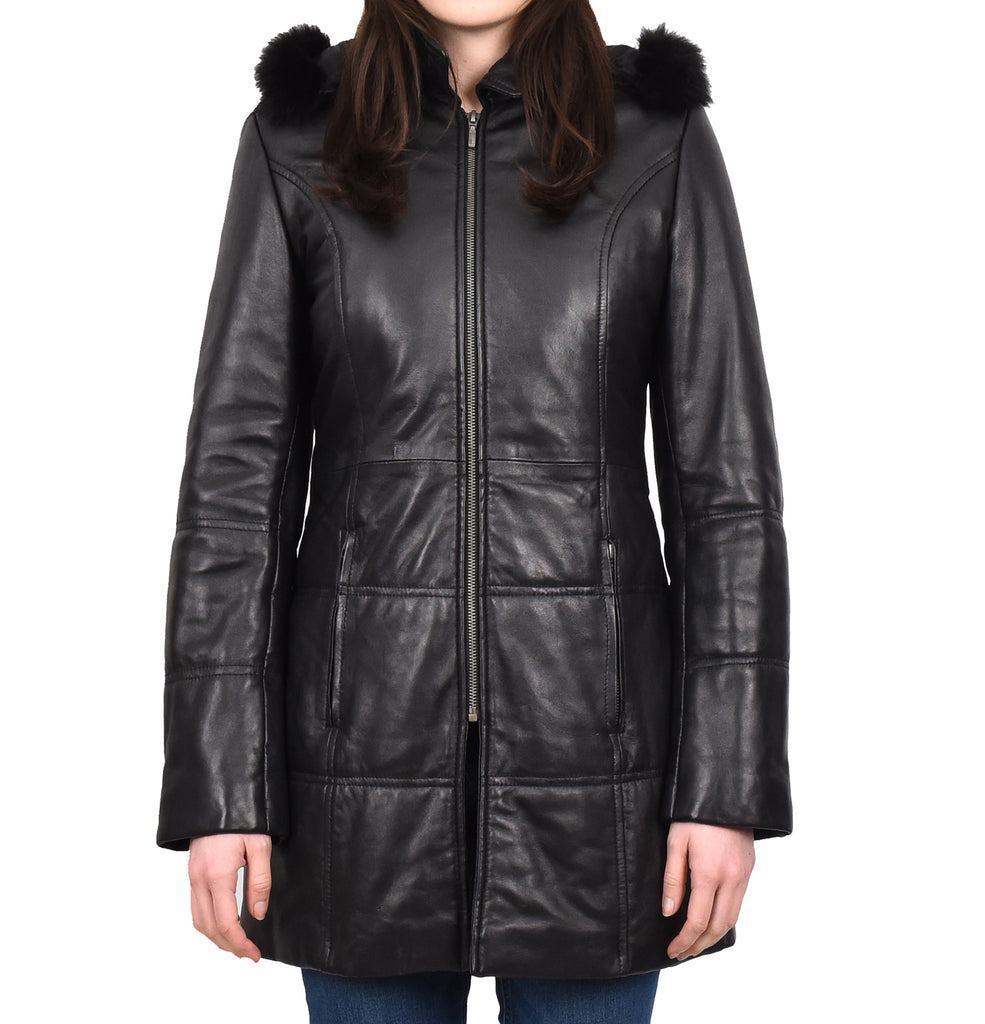 DR254 Women’s Leather 3/4 Length Puffer Coat Black 1