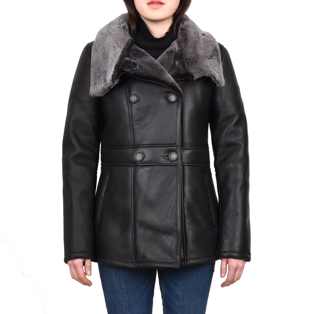 DR596 Women's Soft Sheepskin Double Breasted Fur Collar Coat Black 1