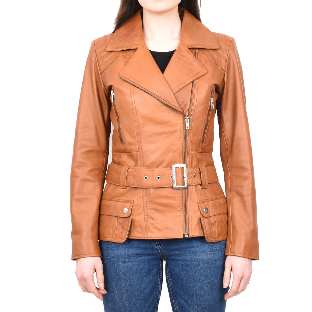 DR205 Women’s Slim Fit Cut Hip Length Biker Leather Jacket Tan 1