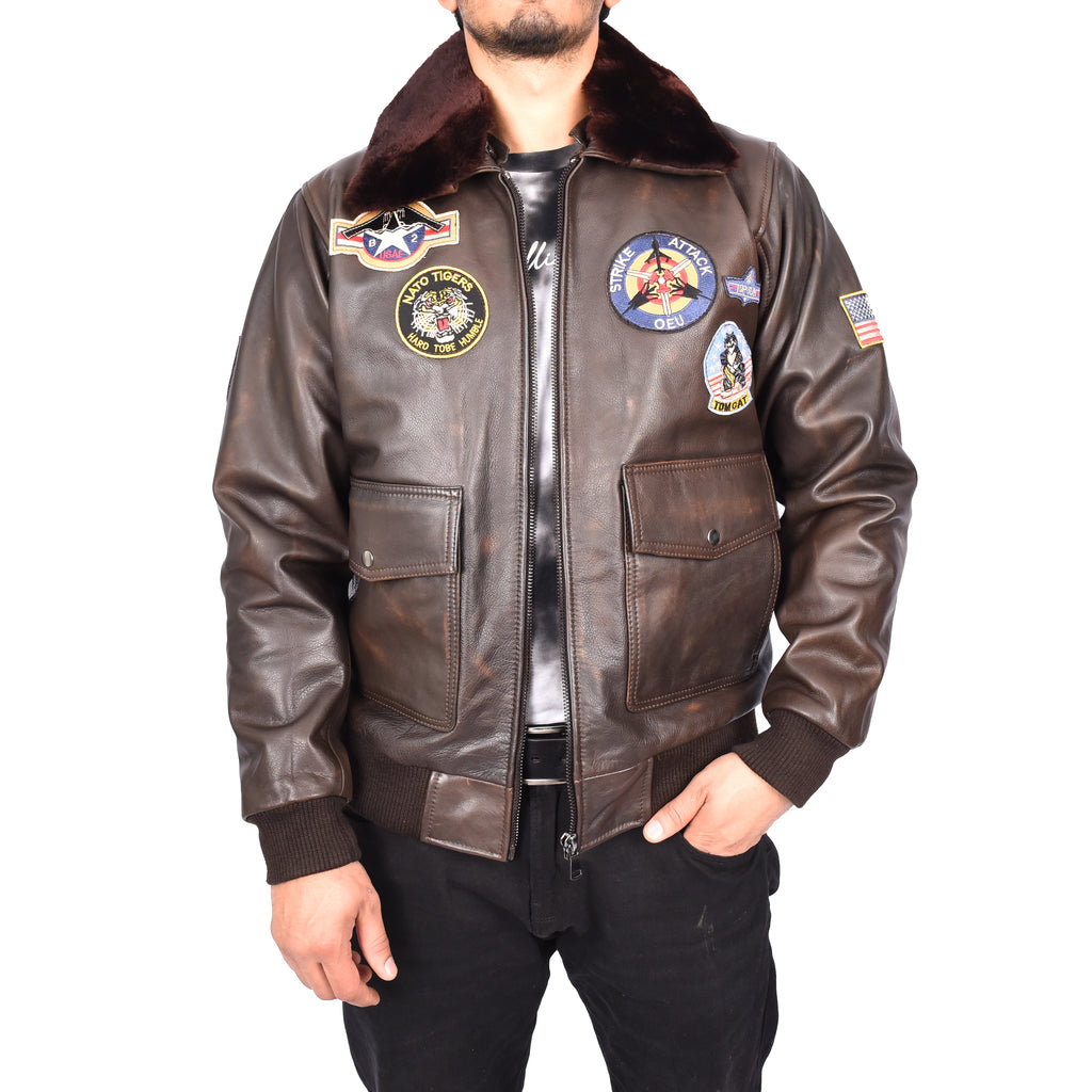 Men's Classic Top Gun Aviator Leather Jacket Brown Valter-1