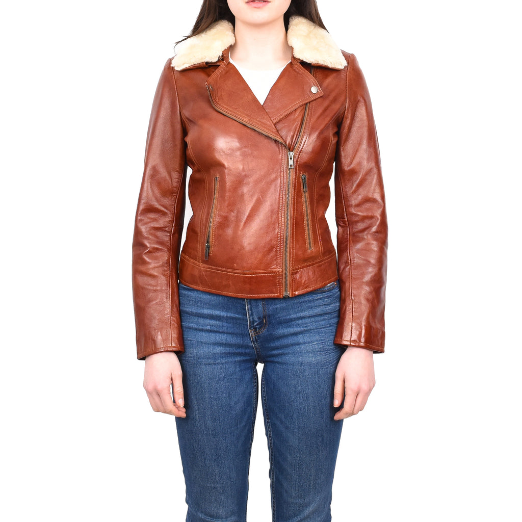 DR237 Women’s Real Chestnut Biker Jacket With Removable Sheepskin Collar 1