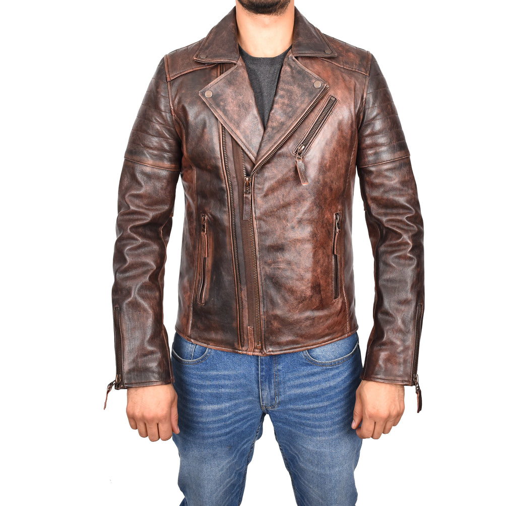 DR145 Men's Quilted Biker Leather Jacket Rust 1