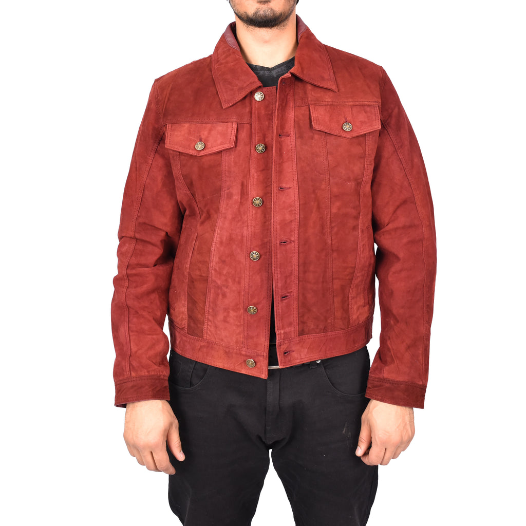 Men's Genuine Suede Buttoned Leather Jacket Trucker Style Burgundy Rorik-1