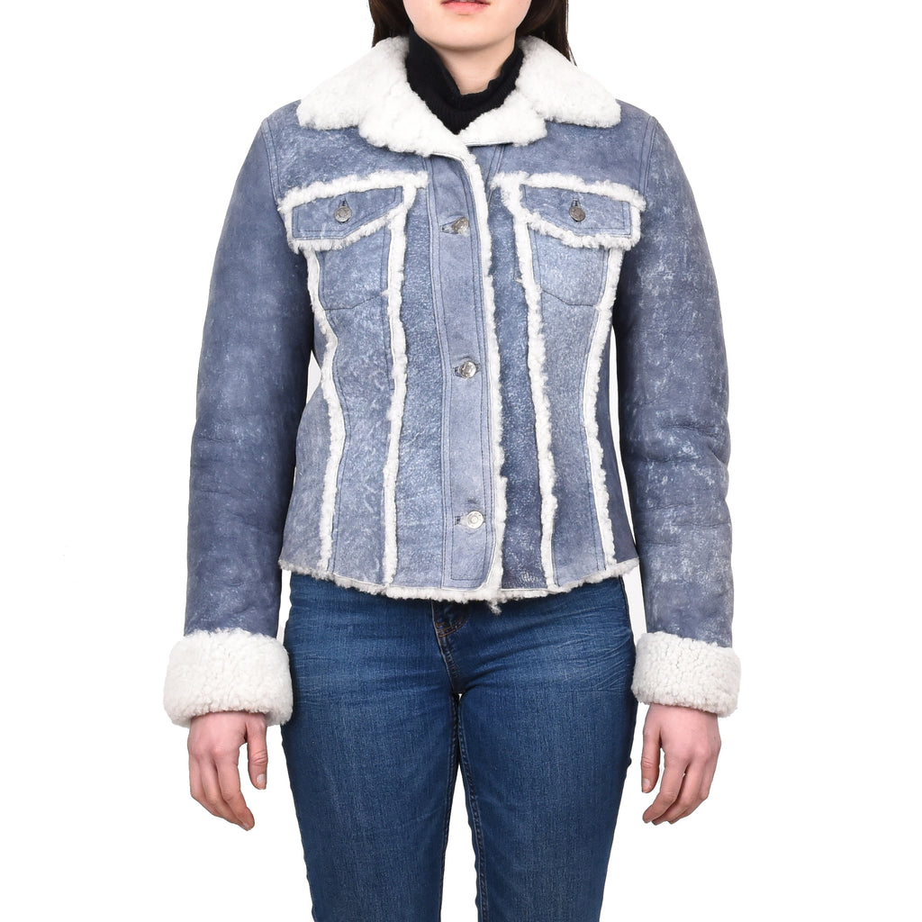 DR239 Women's Real Sheepskin Trucker Jacket Denim Blue 1