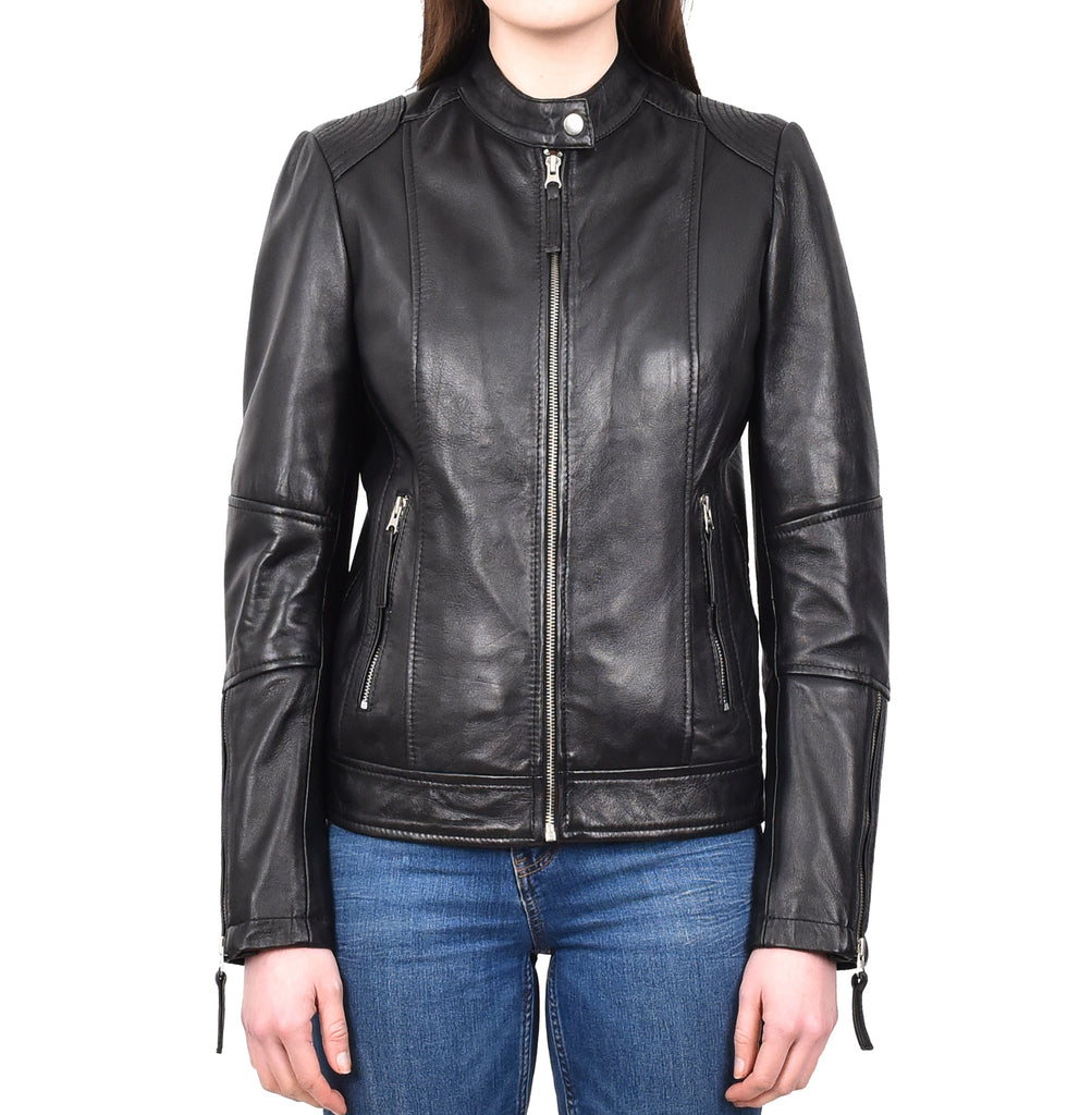 DR571 Women's Casual Zip up Genuine Leather Biker Jacket Black 1