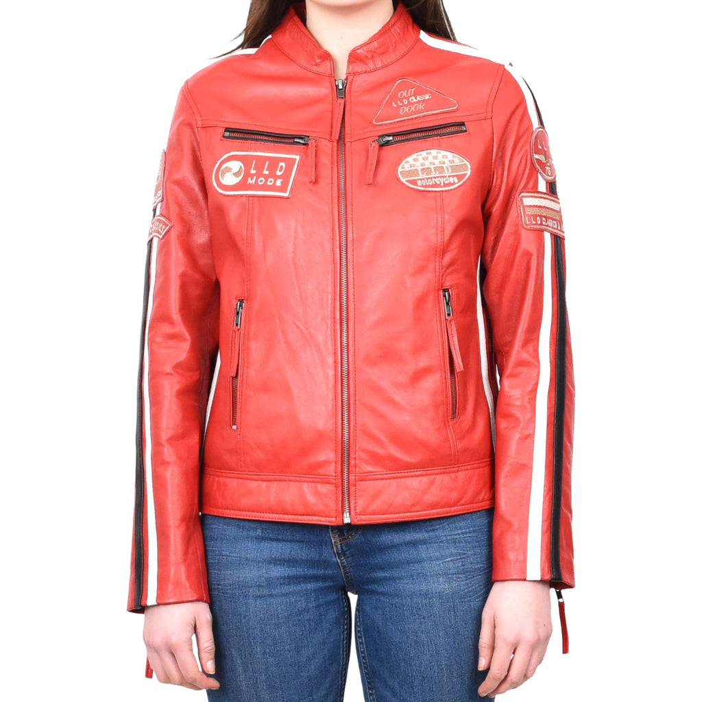 DR674 Women's Soft Real Leather Racing Biker Jacket Red 1