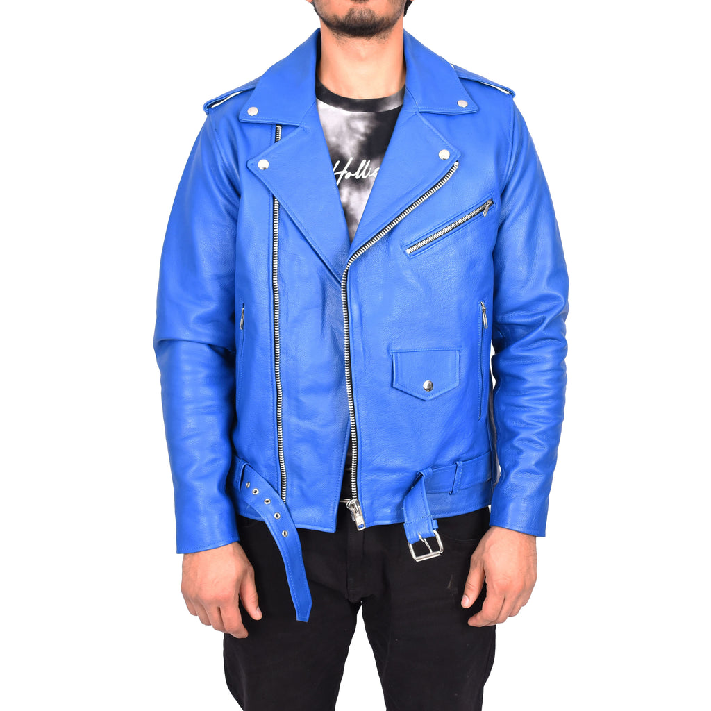 Men's Hard Wearing Real Cowhide Leather Biker Jacket Blue Gunther-1