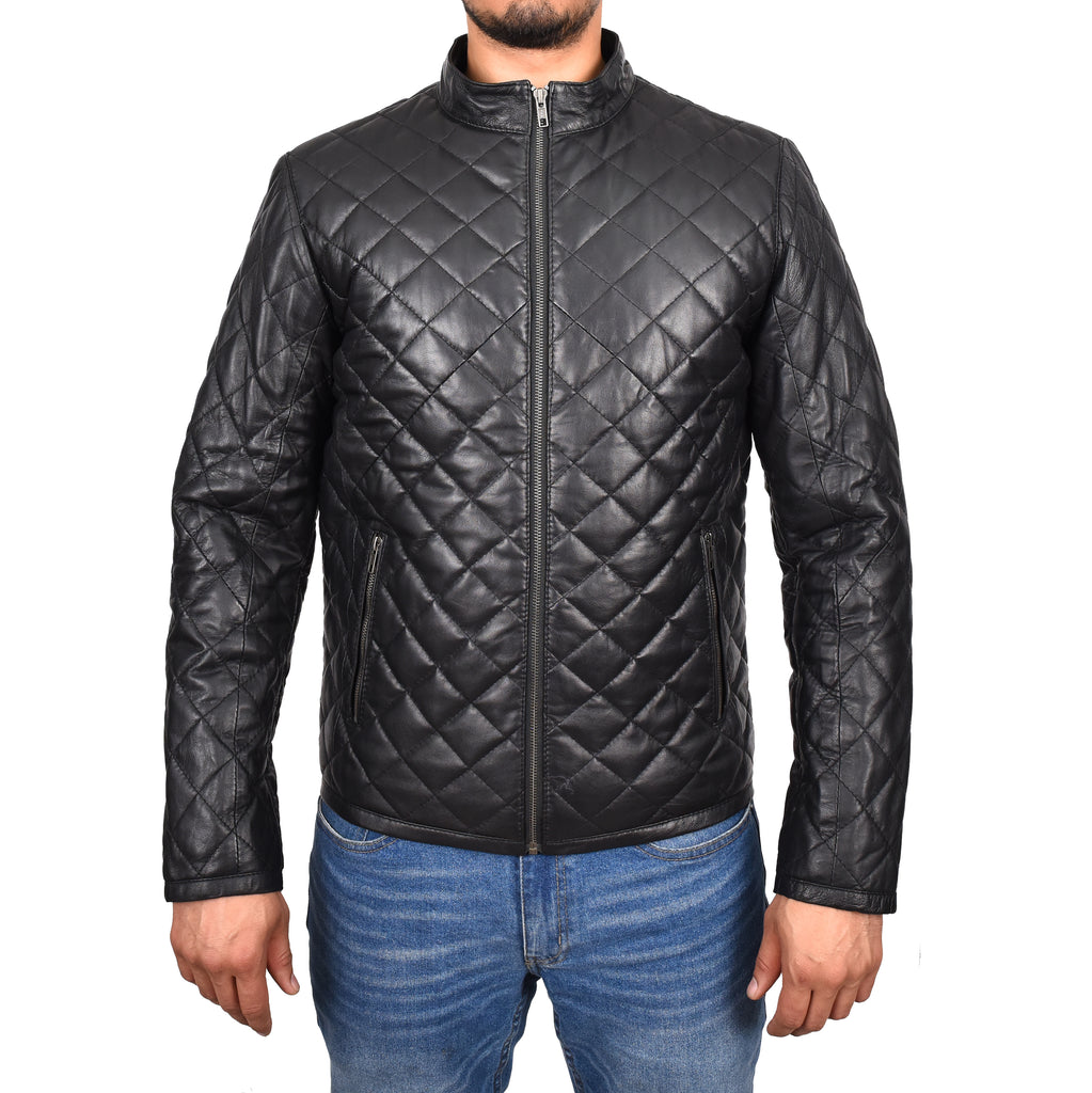 DR179 Men's Leather Puffer Jacket Padded Stand-Up Band Collar Black 1