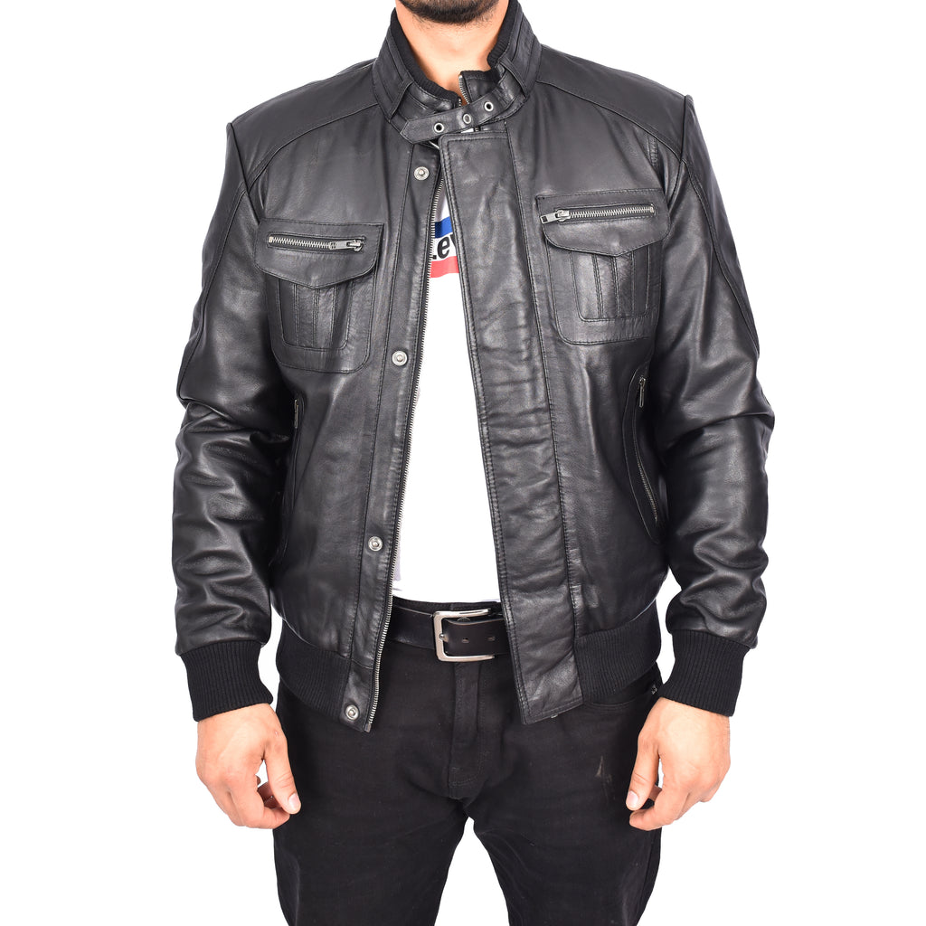 Men's Bomber Style Real Leather Jacket Black Boden-1