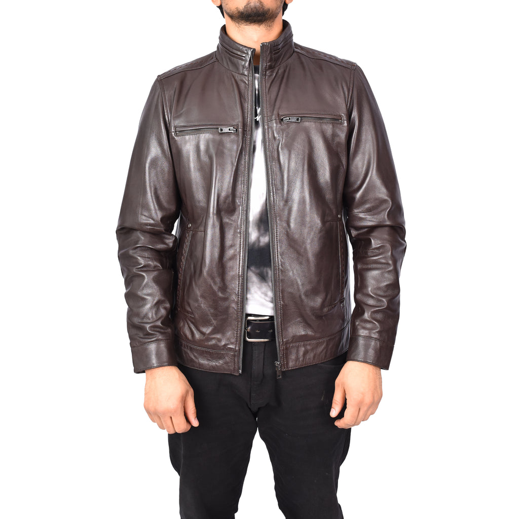 Men's Classic Biker Real Leather Jacket Brown Erland-1